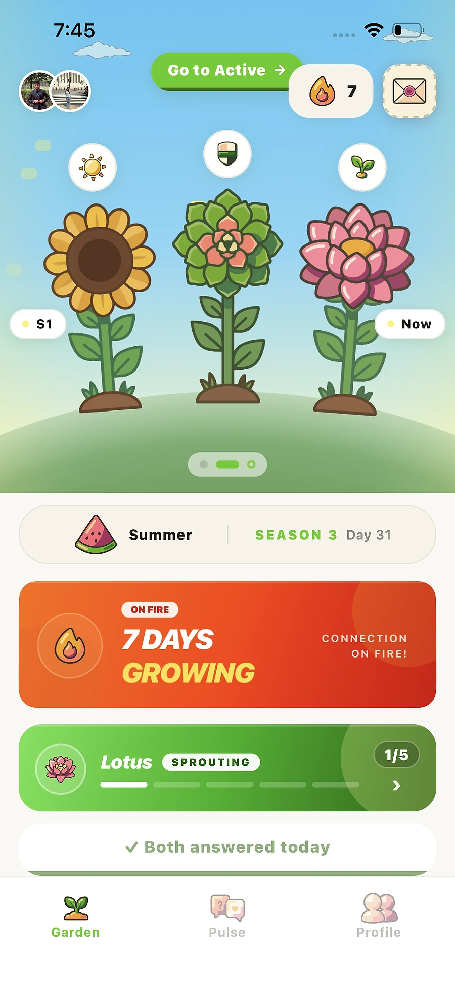Your shared garden in bloom, with a seven-day streak