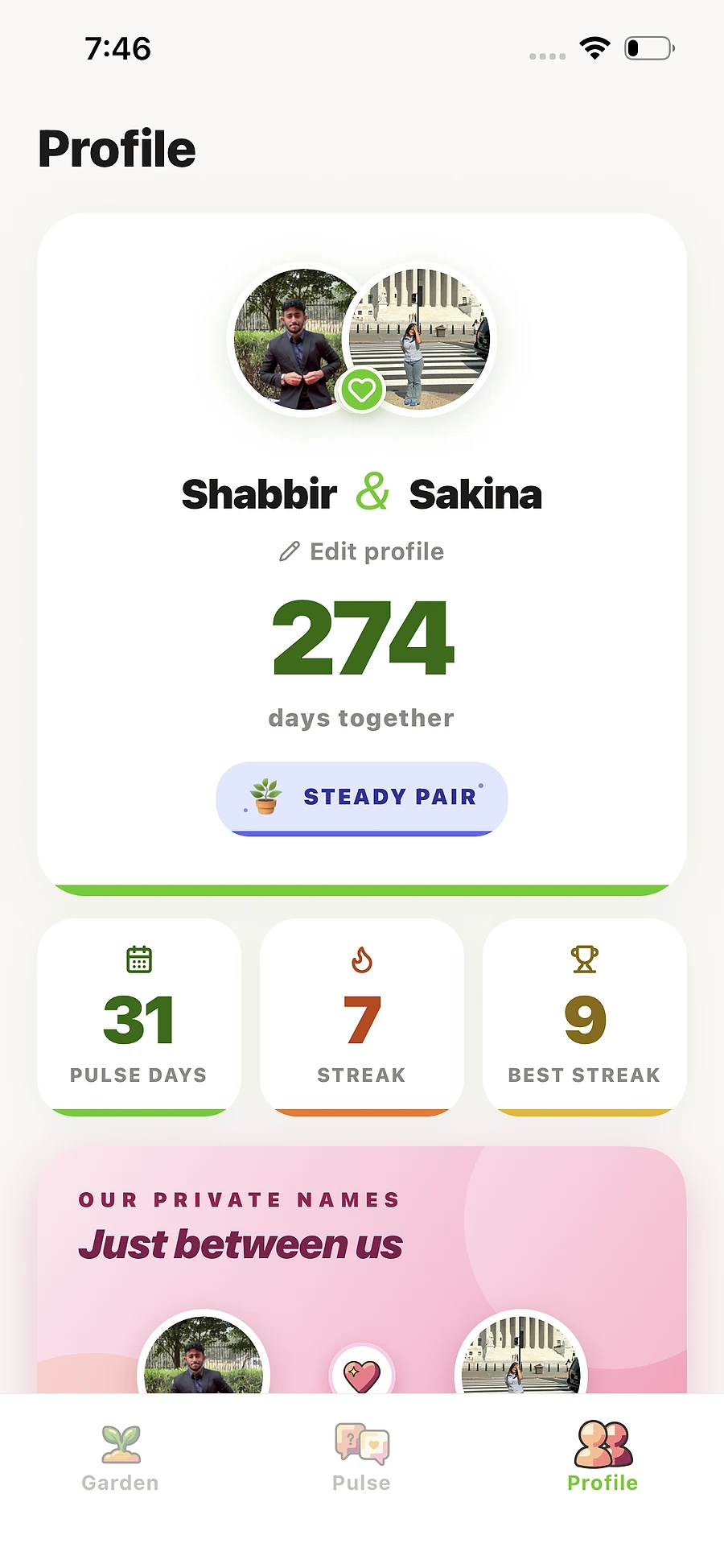 Your couple profile — days together, streaks and Pulse days