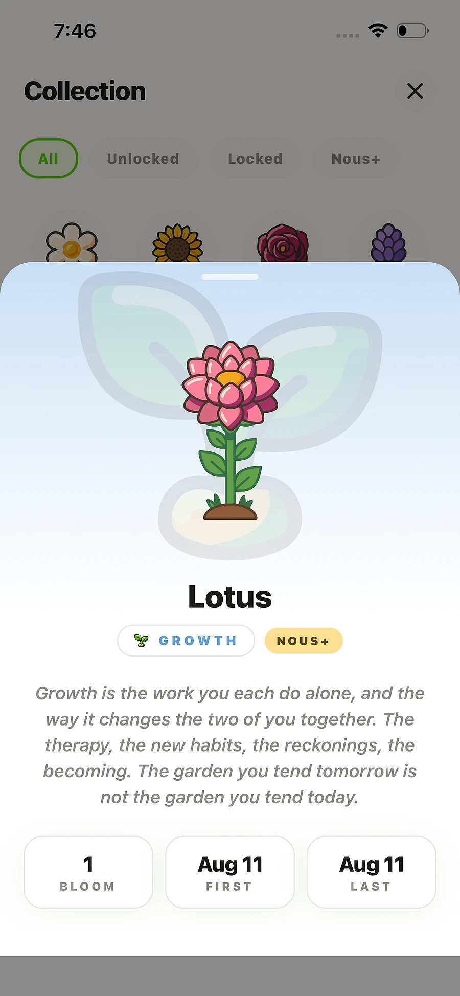 A flower in your collection and the virtue it stands for