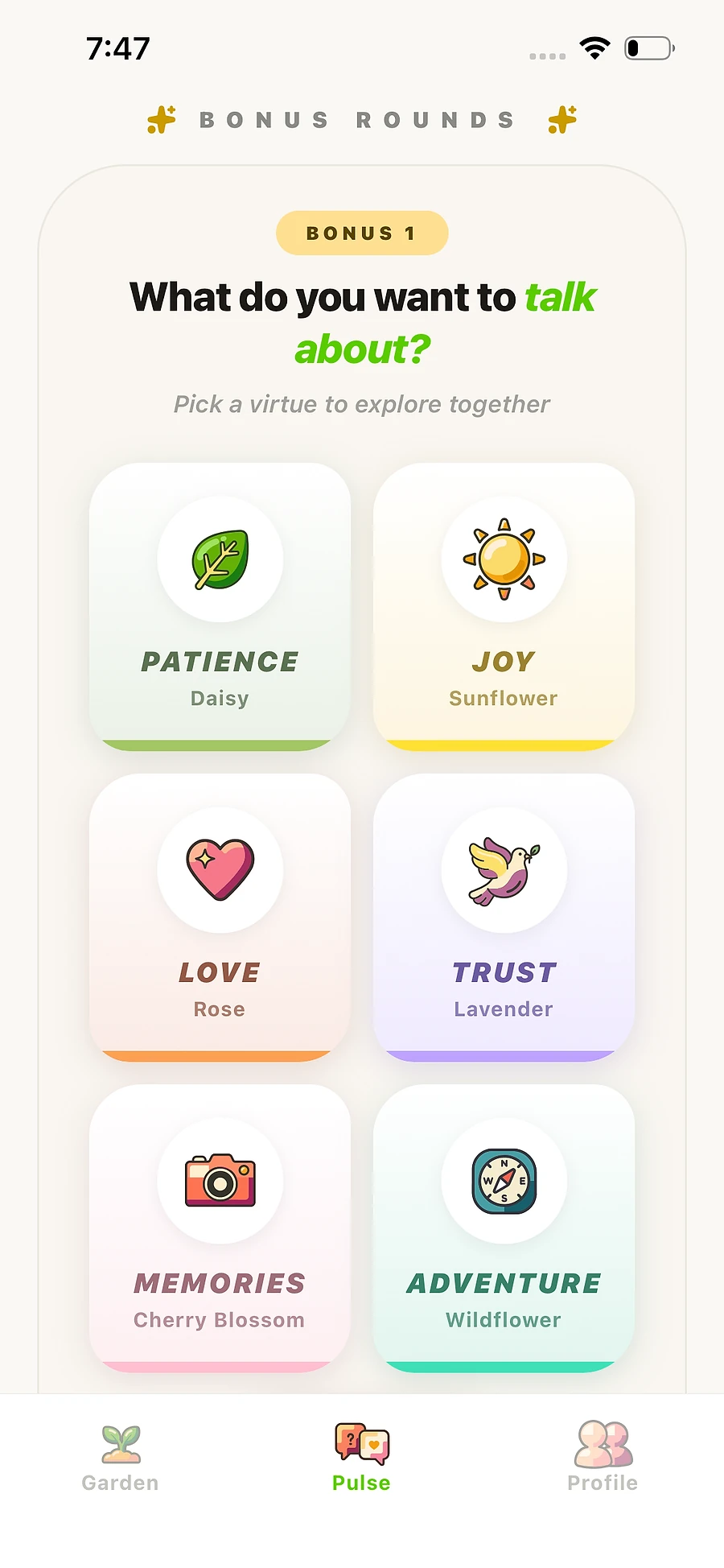 Bonus rounds — pick a virtue to explore together