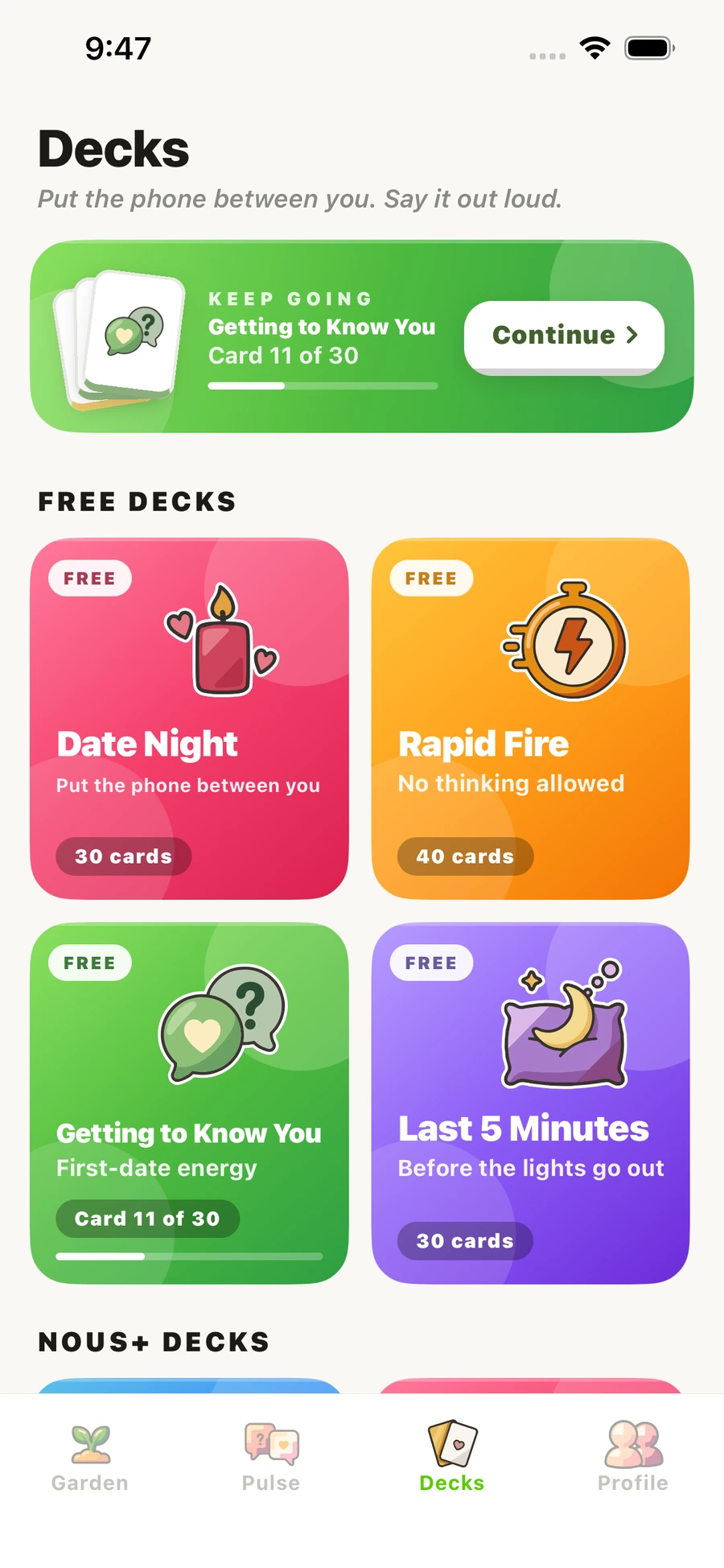 Decks — conversation cards to play out loud together